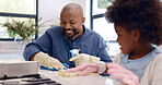 Father, daughter and cleaning with gloves in kitchen for bonding, happiness and teaching in home or house. Black family, man and girl child with cloth, liquid detergent and table with smile and care
