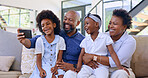 Selfie, happy family and children with smile in living room profile picture, social media or post. Black man, woman and girl with excitement for childhood memory, bonding and together on sofa in home