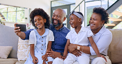Selfie, happy family and children with smile in living room profile picture, social media or post. Black man, woman and girl with excitement for childhood memory, bonding and together on sofa in home