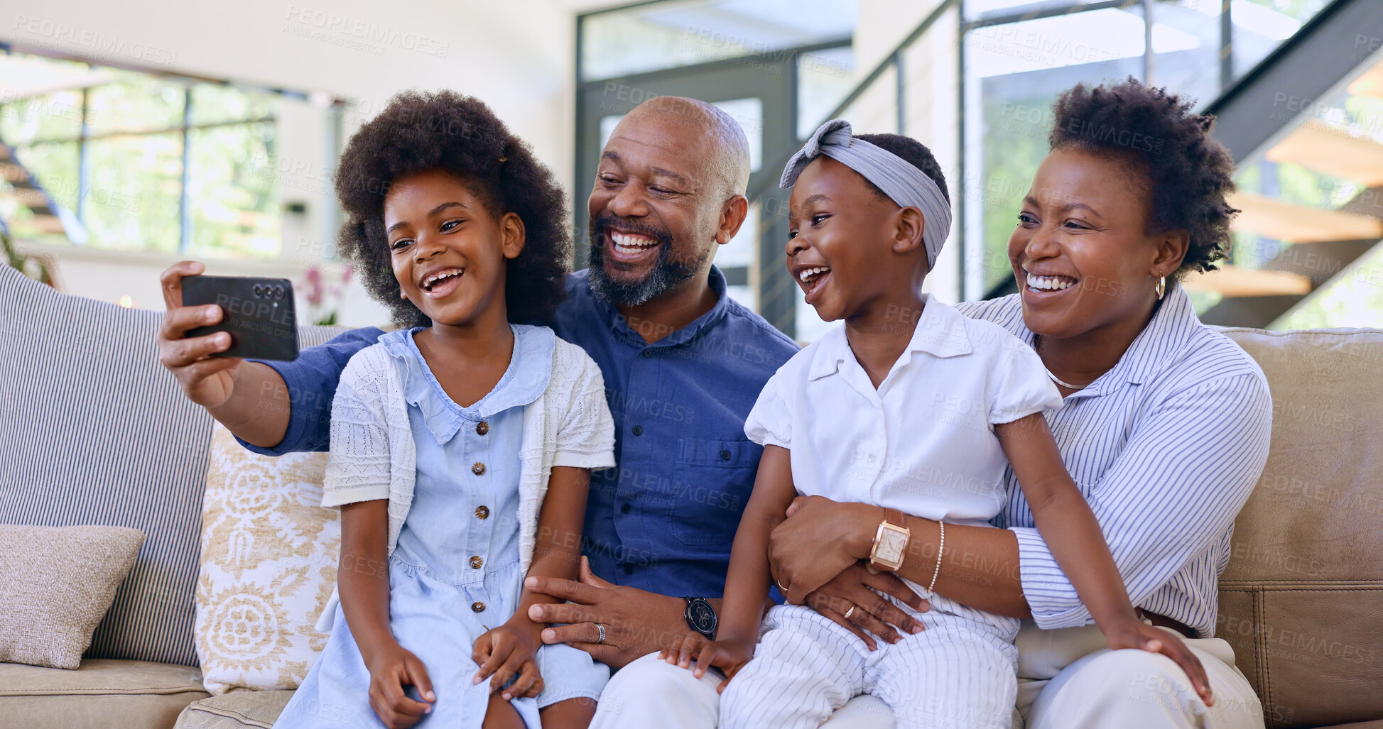 Buy stock photo Selfie, happy family and children with smile in living room profile picture, social media or post. Black man, woman and girl with excitement for childhood memory, bonding and together on sofa in home