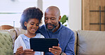 Father, daughter and tablet with smile on sofa for games, streaming or elearning in living room of home. Black family, man and girl child with touchscreen, happiness or technology for watching movie 