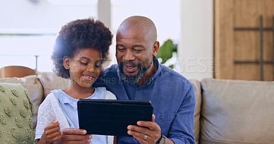 Buy stock photo Father, daughter and tablet with smile on sofa for games, streaming or elearning in living room of home. Black family, man and girl child with touchscreen, happiness or technology for watching movie 