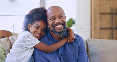 Black family, hug or portrait of father with child in home to relax on holiday vacation with smile. Support, proud parent or African dad bonding with girl, love or happy kid in living room on sofa