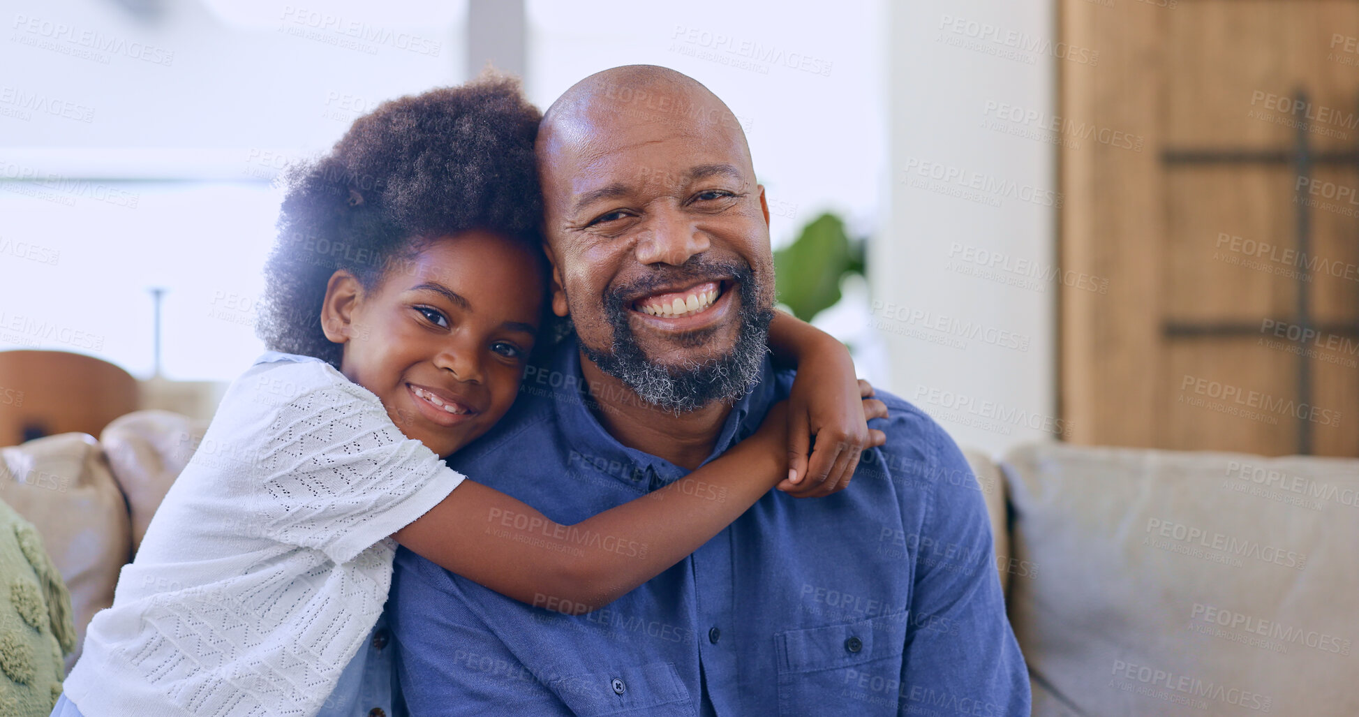 Buy stock photo Black family, hug or portrait of father with child in home to relax on holiday vacation with smile. Support, proud parent or African dad bonding with girl, love or happy kid in living room on sofa