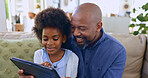 Dad, daughter and tablet with smile on sofa for games, streaming or elearning in living room of home. Black family, man and girl child with touchscreen, happiness or technology for watching movie 
