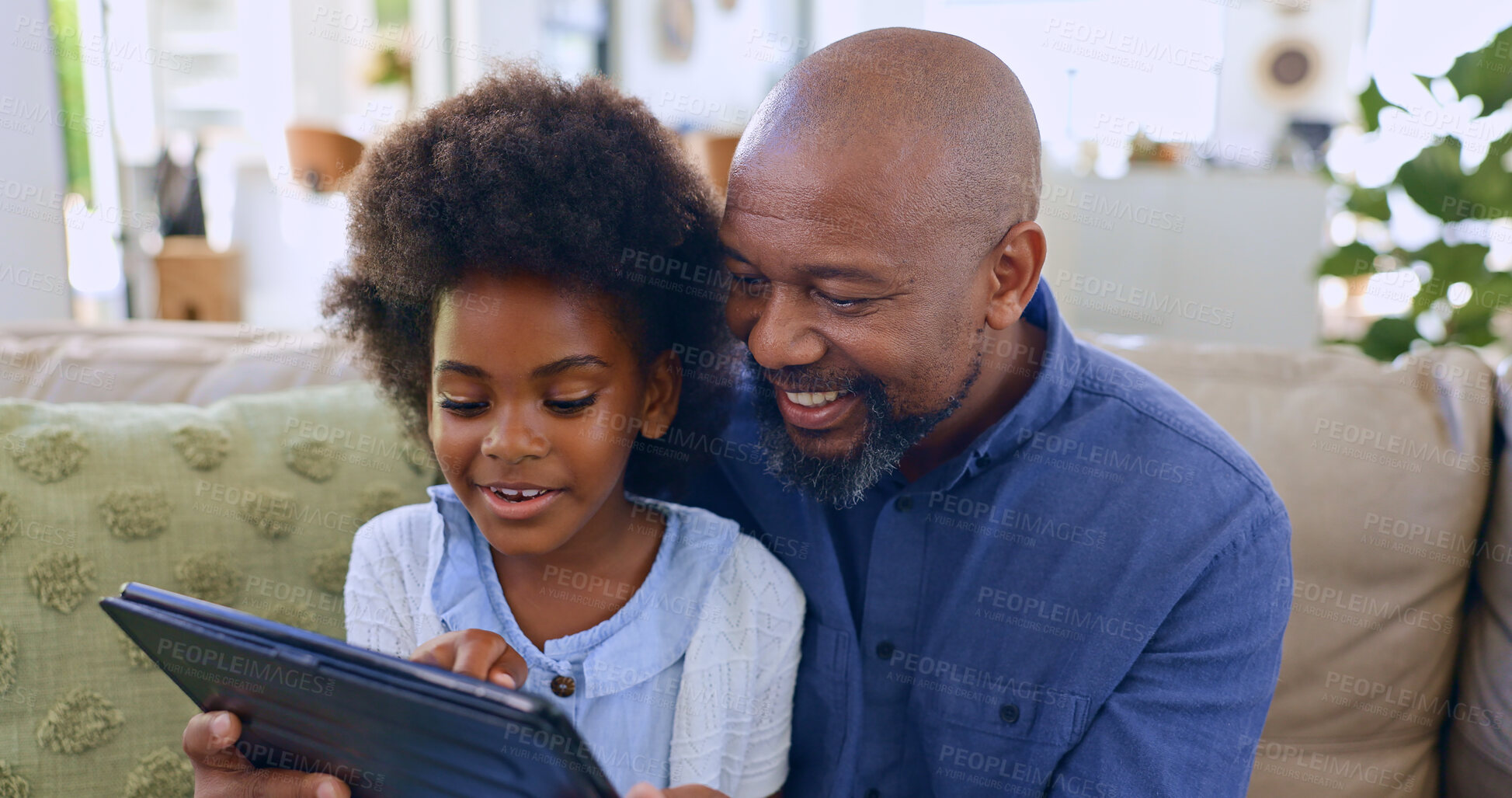 Buy stock photo Dad, daughter and tablet with smile on sofa for games, streaming or elearning in living room of home. Black family, man and girl child with touchscreen, happiness or technology for watching movie 