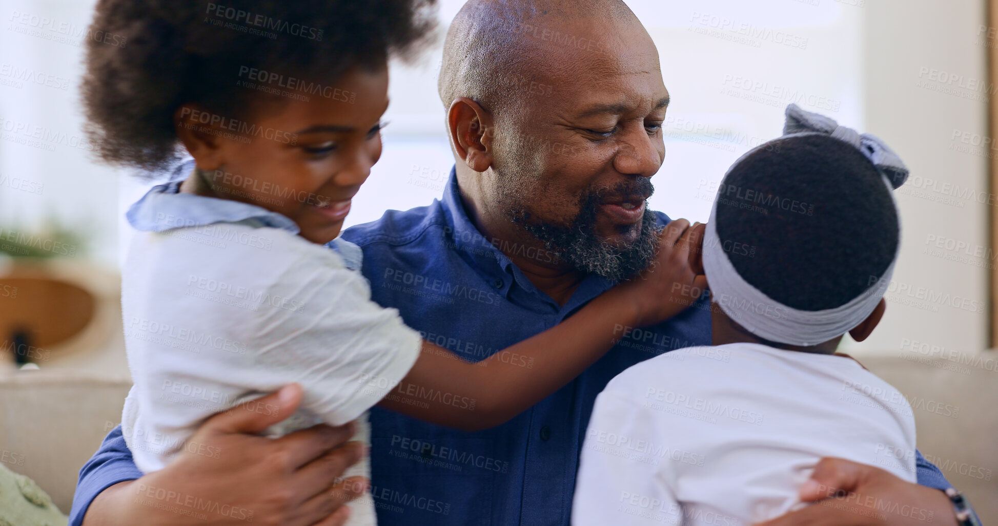 Buy stock photo Happy, black family and father with girls, hug and conversation with love, laughing and weekend break. Apartment, dad and children in a lounge, bonding together and joy with vacation, embrace or home