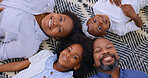 Top view, father or portrait of mother with happy kids in home to relax on holiday vacation with smile. Black family, mom or African dad bonding with girl siblings, love or children on carpet floor