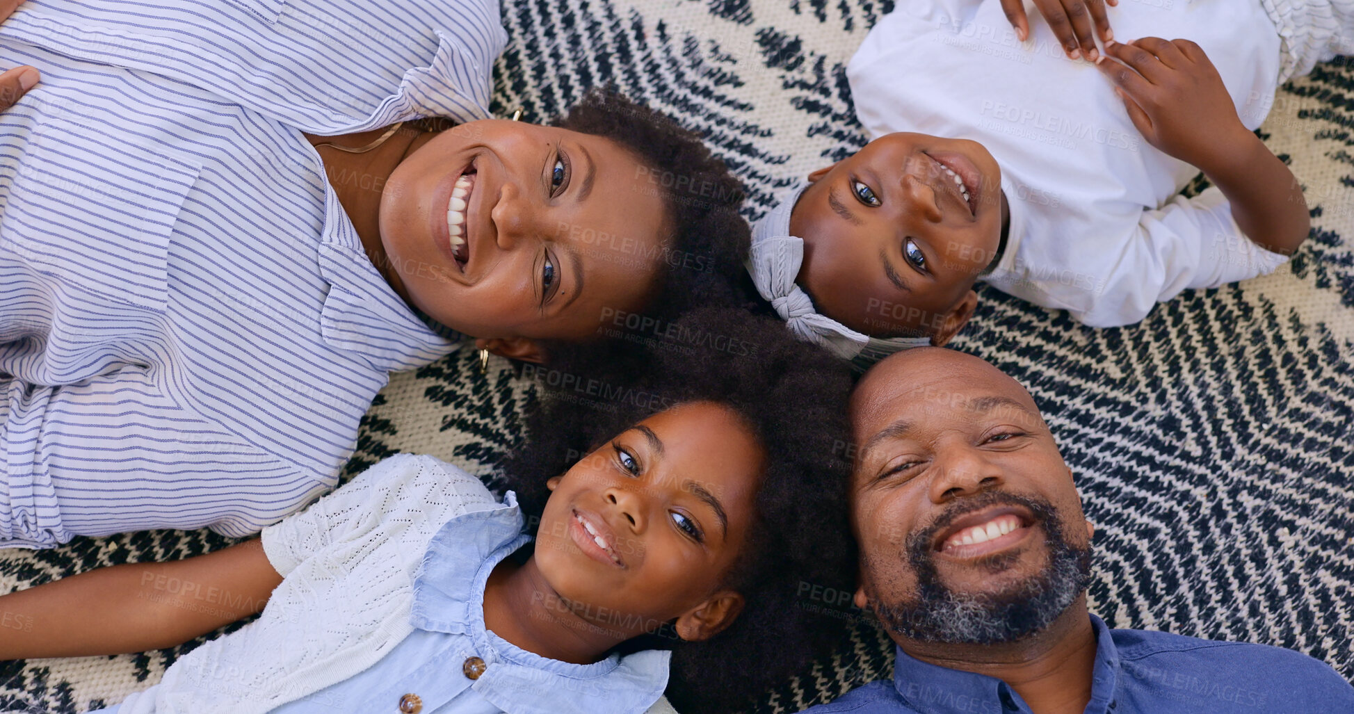 Buy stock photo Top view, father or portrait of mother with happy kids in home to relax on holiday vacation with smile. Black family, mom or African dad bonding with girl siblings, love or children on carpet floor