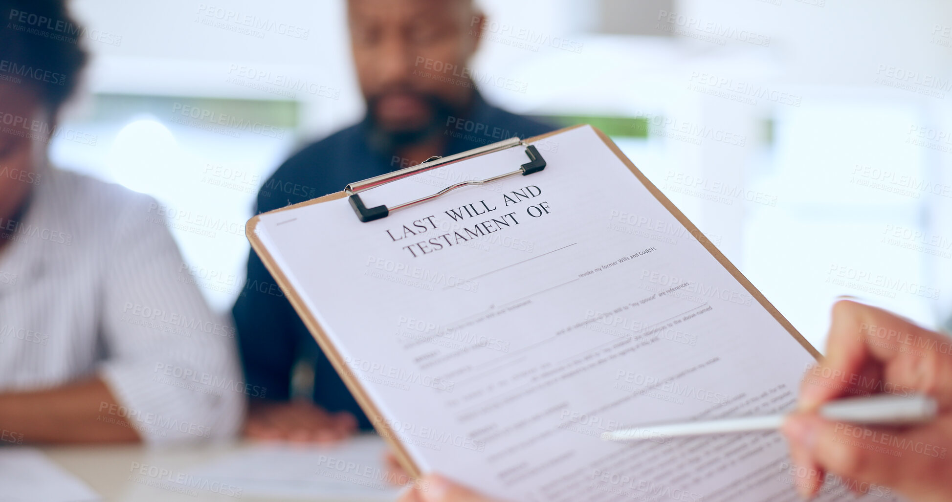 Buy stock photo Black couple, documents and will with lawyer for finance, advice or legal agreement together at home. Closeup of attorney talking to African man and woman with paperwork, testament or form at house