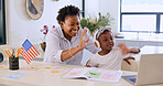 Child, woman or video call with laptop for education, streaming or home school for distance learning. Black people, mother or daughter for wave by kitchen counter, pc or online class for kindergarten