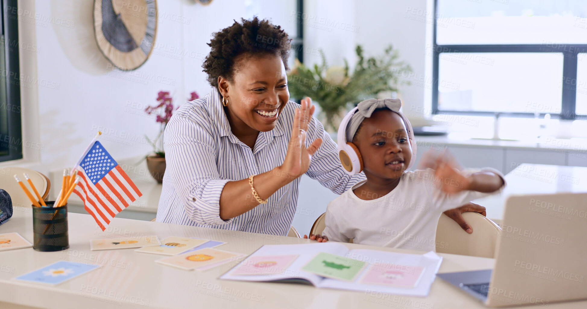 Buy stock photo Child, woman or video call with laptop for education, streaming or home school for distance learning. Black people, mother or daughter for wave by kitchen counter, pc or online class for kindergarten