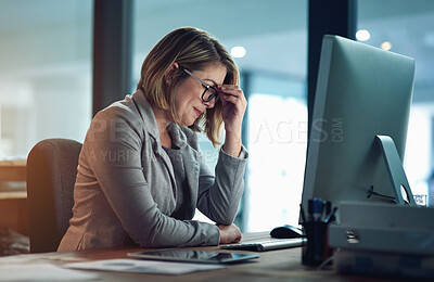 Buy stock photo Headache, stress and business woman in office, tired or fatigue while working late at night on computer. Burnout, deadline and female worker with depression, anxiety or brain fog, sick or exhausted.