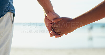 Buy stock photo Man, child or holding hands for love, care or bonding together as happy family on summer vacation. Commitment, father or kid with support relationship on holiday, weekend leisure or calm in mockup
