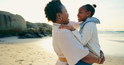 Buy stock photo Woman, love and hug child by beach, smile and nature to support relax on calm holiday. Happy family, mother or daughter for bonding for care, travel and vacation on bali shore for peace wellness

