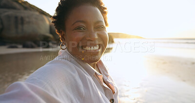 Woman, selfie and smile in portrait at beach, relaxing and peace for social media, post and update on holiday. Happy black person, face and ocean on vacation, getaway and travel, fun and freedom