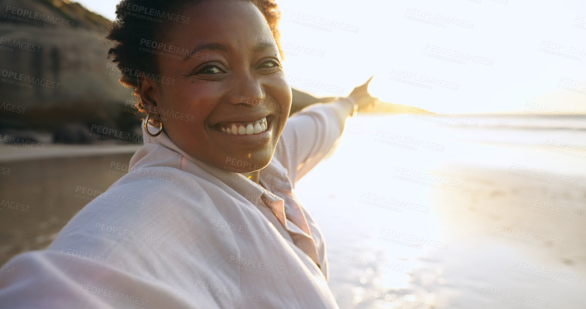 Buy stock photo Woman, selfie and beach or portrait at sunrise, relaxing and peace for social media, post and update on holiday. Happy black person, pointing and ocean on vacation, getaway and travel, fun or nature