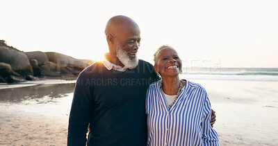 Buy stock photo Senior couple, smile and hug on beach, love and bonding on vacation, holiday and trip to ocean. Happy black people, embrace and support or trust, commitment and connection in marriage or retirement