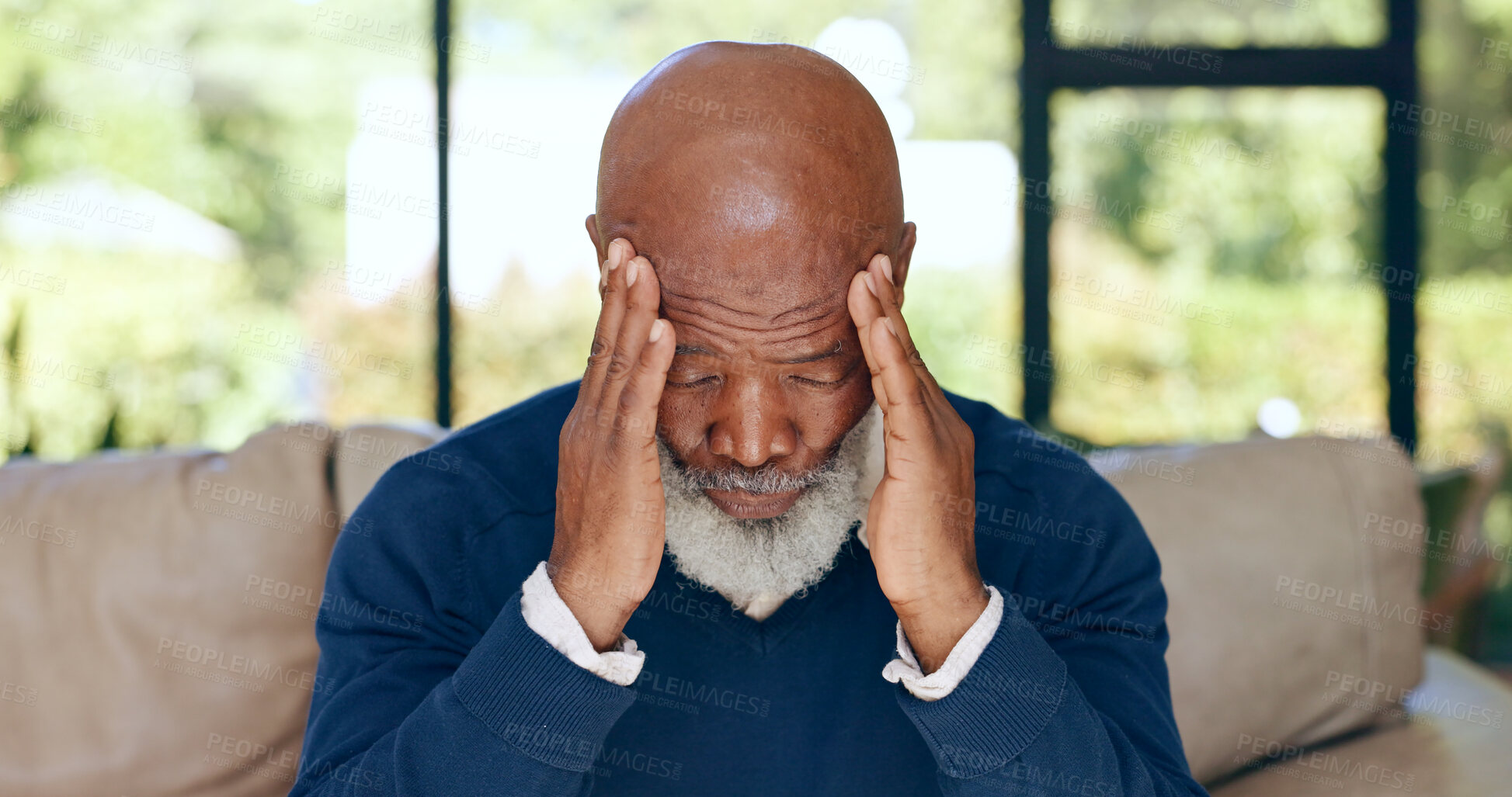 Buy stock photo Headache, senior man and stress in home for mistake, mental health or brain fog in retirement. Depressed, tired and frustrated african guy with migraine, crisis and pain of vertigo, trauma or fatigue