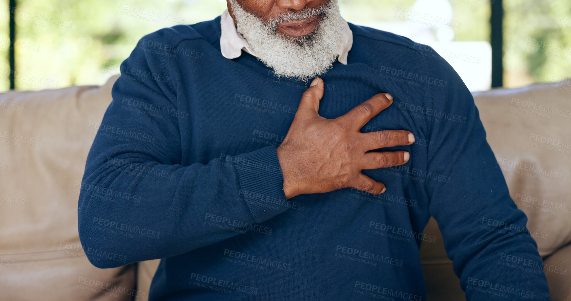 Buy stock photo Hands, elderly man and heart attack in home with pain, cardiovascular healthcare and risk of hypertension. Closeup, senior and chest with heartburn, indigestion or medical emergency of stroke on sofa