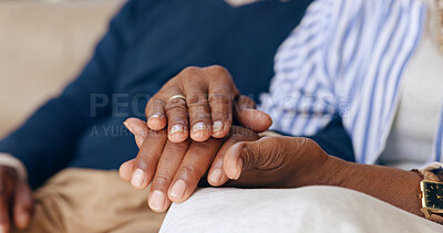 Elderly couple, love and holding hands for trust, emotional healing or support partner for empathy at home. Closeup, senior people and touch hand for care, kindness or gratitude of hope in retirement
