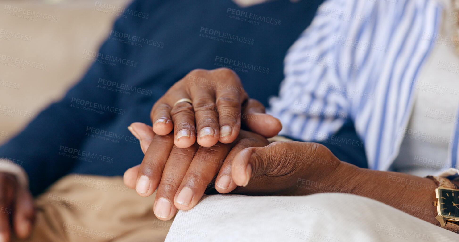 Buy stock photo Elderly couple, love and holding hands for trust, emotional healing or support partner for empathy at home. Closeup, senior people and touch hand for care, kindness or gratitude of hope in retirement