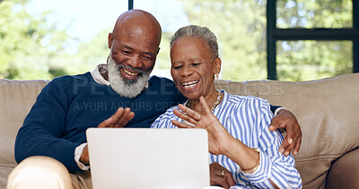 Happy senior couple, video call and laptop in home for voip communication, social network or chat. African man, woman and wave hello on computer in virtual conversation, contact or talk in retirement