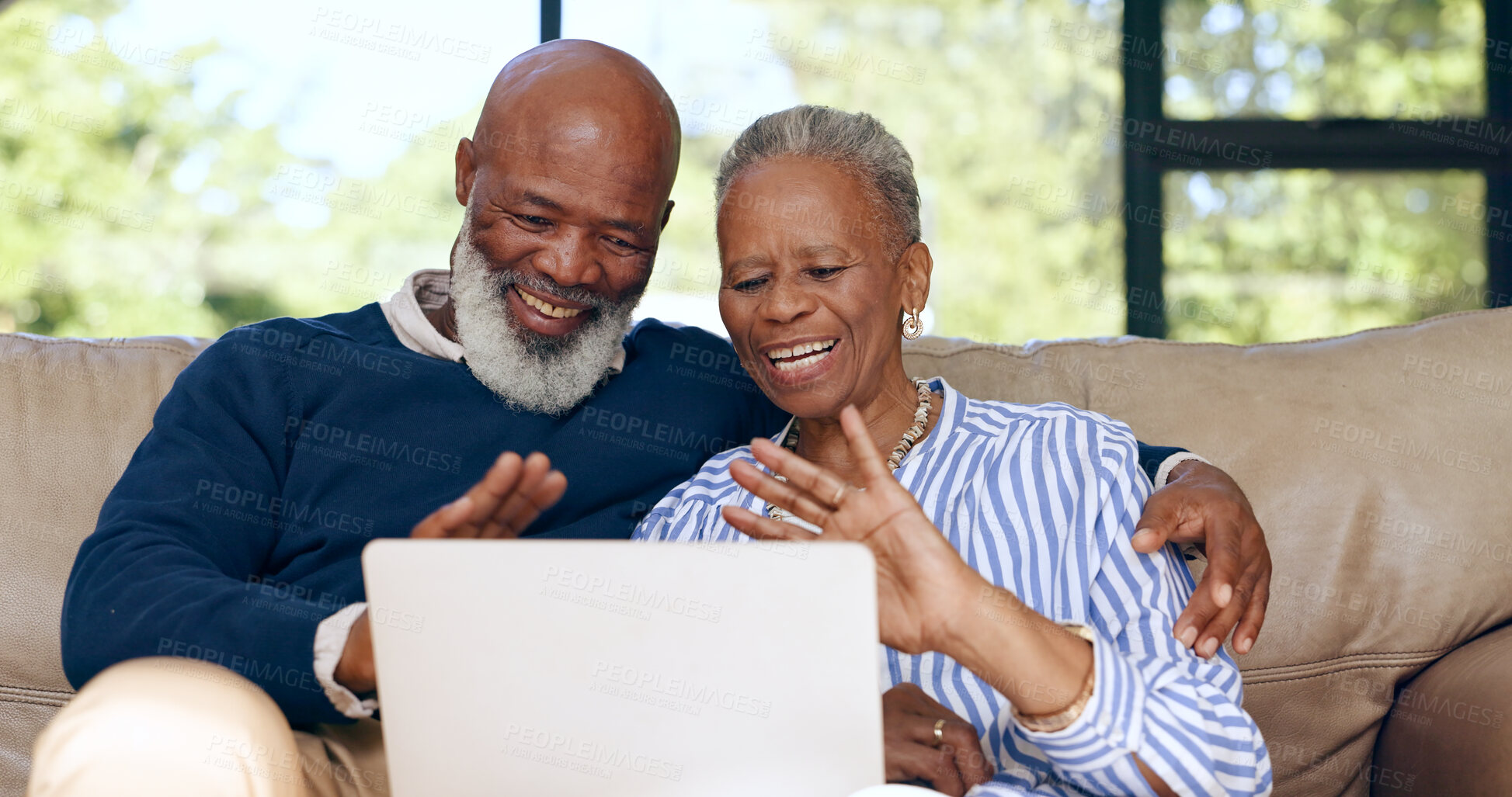 Buy stock photo Happy senior couple, video call and laptop in home for voip communication, social network or chat. African man, woman and wave hello on computer in virtual conversation, contact or talk in retirement