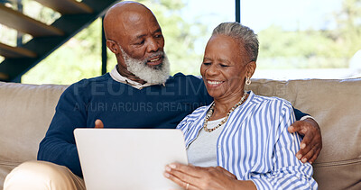 Love, hug and senior couple with laptop on sofa for streaming, search or subscription discussion at home. Happy, relax and elderly people in a living room online with social media, sign up or choice