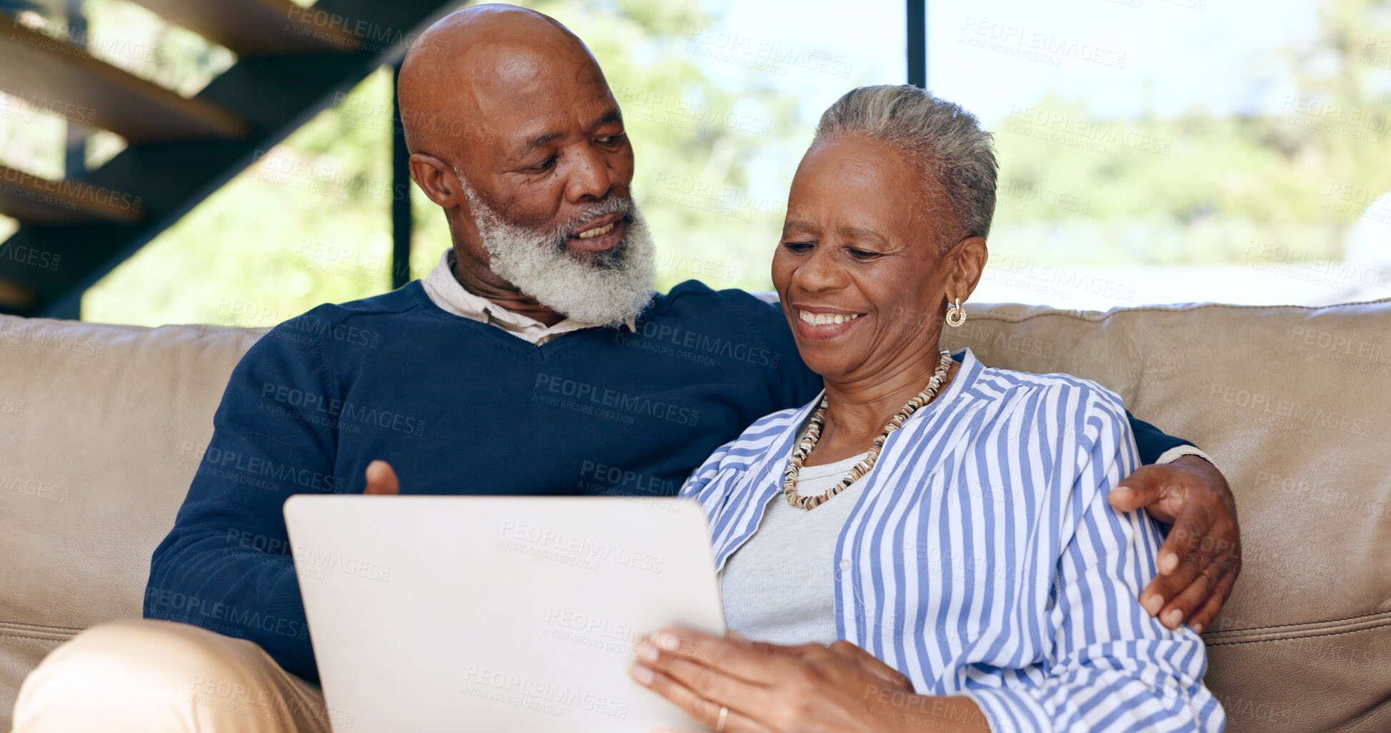 Buy stock photo Love, hug and senior couple with laptop on sofa for streaming, search or subscription discussion at home. Happy, relax and elderly people in a living room online with social media, sign up or choice