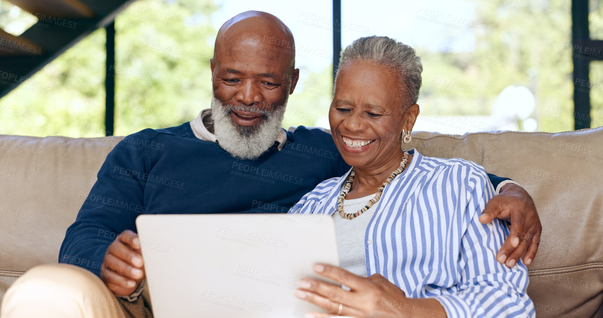 Buy stock photo Hug, love and senior couple with laptop on sofa for streaming, search or subscription discussion at home. Happy, relax and elderly people in a living room online with social media, sign up or choice