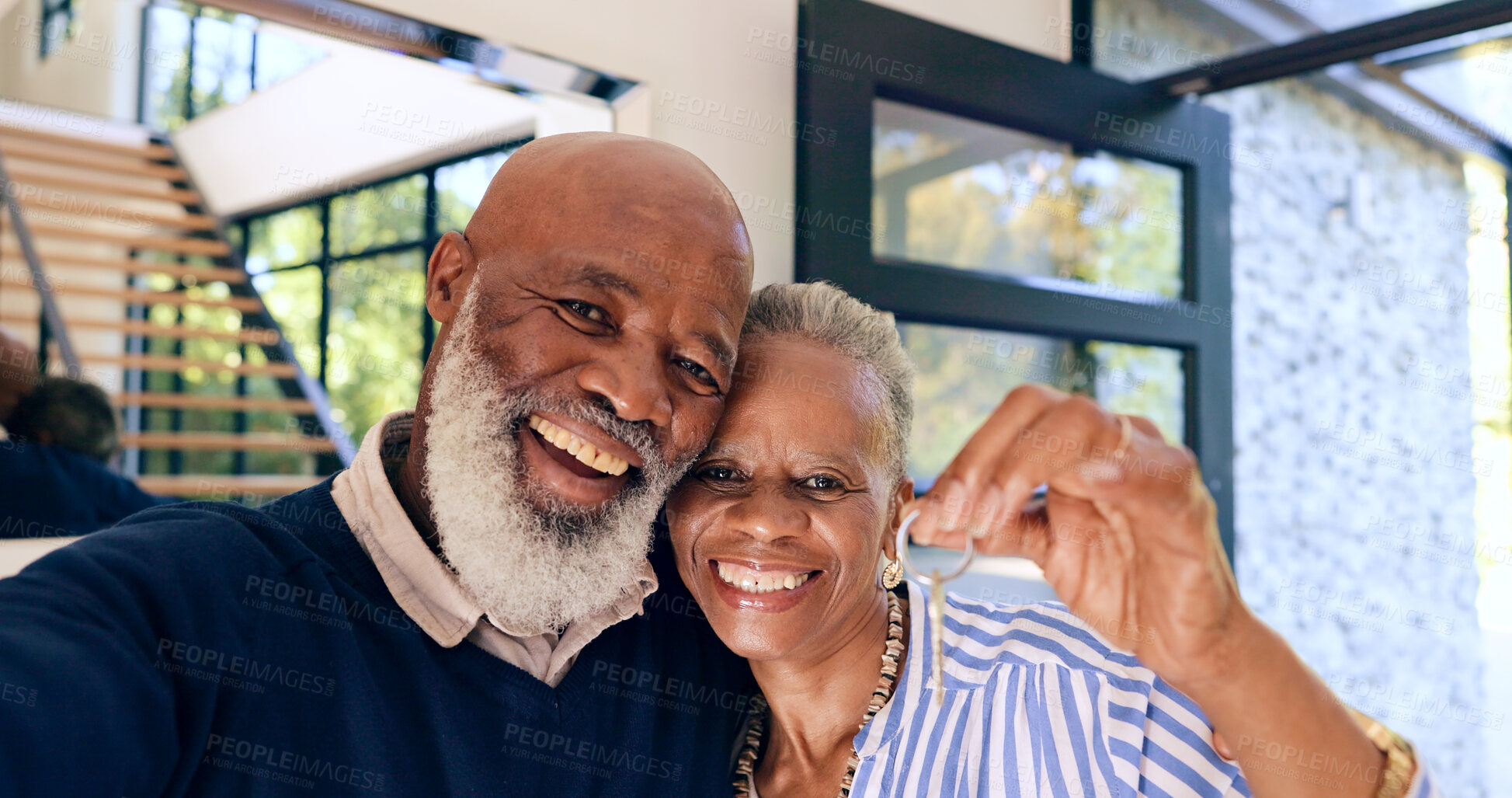 Buy stock photo Senior, couple and portrait or selfie and keys to new home, real estate or property investment by front door. Black people, man or woman and smile for mortgage, achievement or moving in house or love