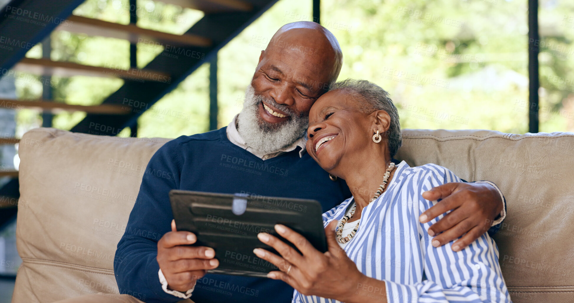 Buy stock photo Tablet, hug and senior couple on a sofa for web communication, network or chat at home. Digital, app and old people embrace in living room with love, social media or streaming subscription in a house