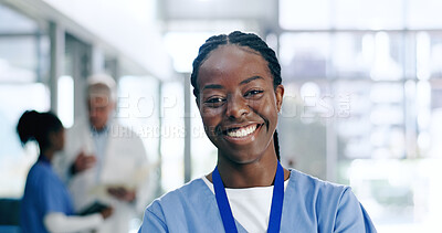 Nurse, woman and portrait with smile in hospital or clinic for healthcare, service or medical support. Medicine, black person and professional with happy, confident and pride for career or wellness