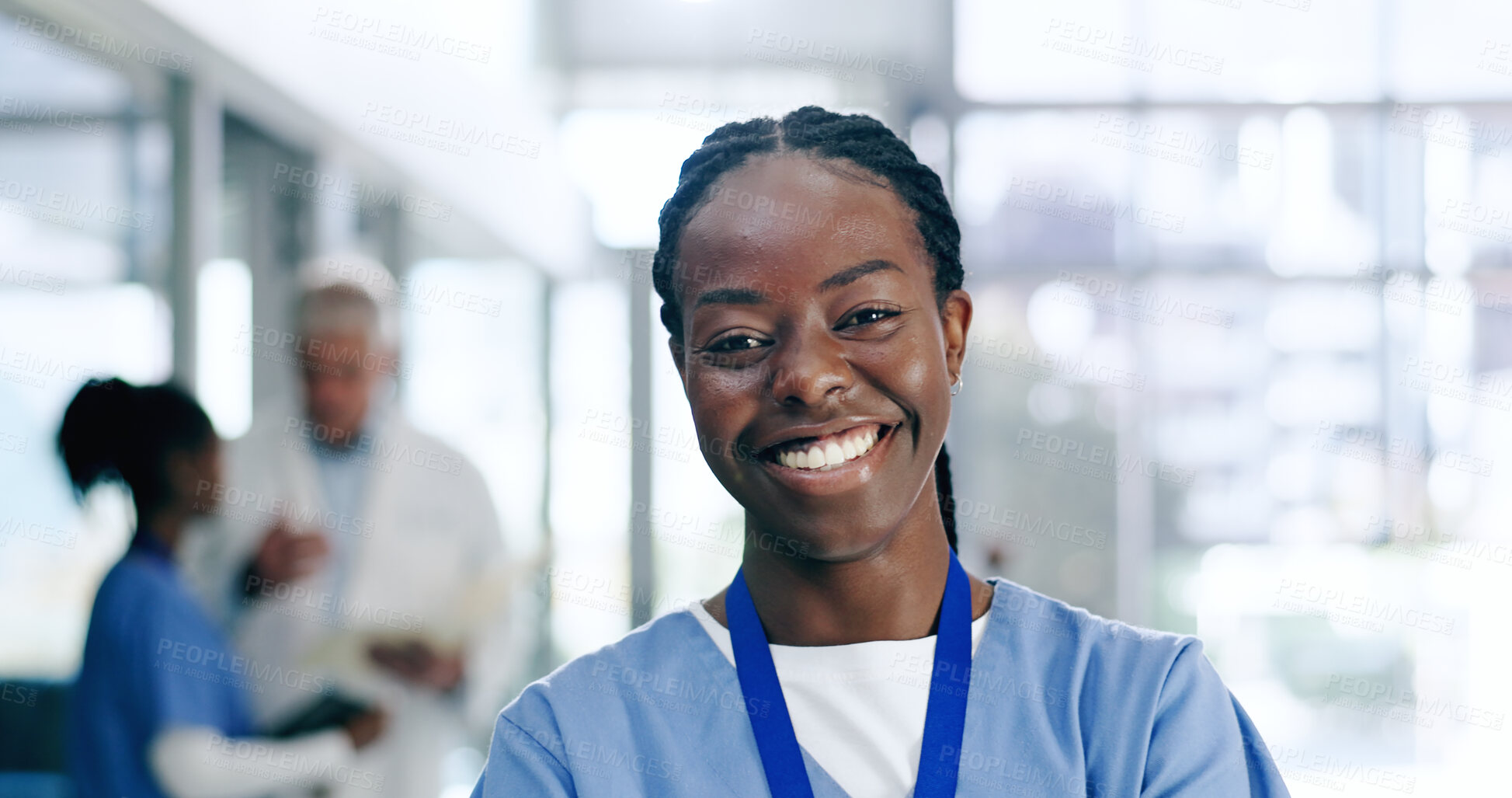 Buy stock photo Nurse, woman and portrait with smile in hospital or clinic for healthcare, service or medical support. Medicine, black person and professional with happy, confident and pride for career or wellness