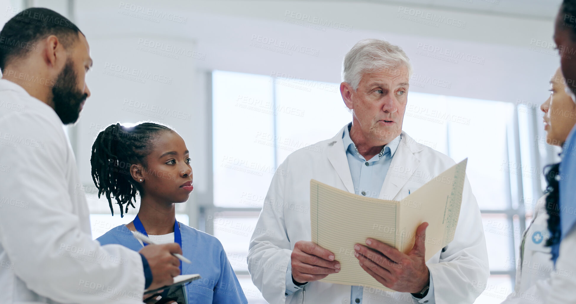 Buy stock photo Medical, team and documents for meeting in hospital with collaboration, discussion and patient report. Healthcare, doctor and nurse in clinic with paperwork, teamwork and communication for planning