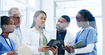 Nurses, doctors and tablet for teamwork, hospital management and healthcare planning or research in window. Professional mentor, leader and group of medical people on digital technology and notebook