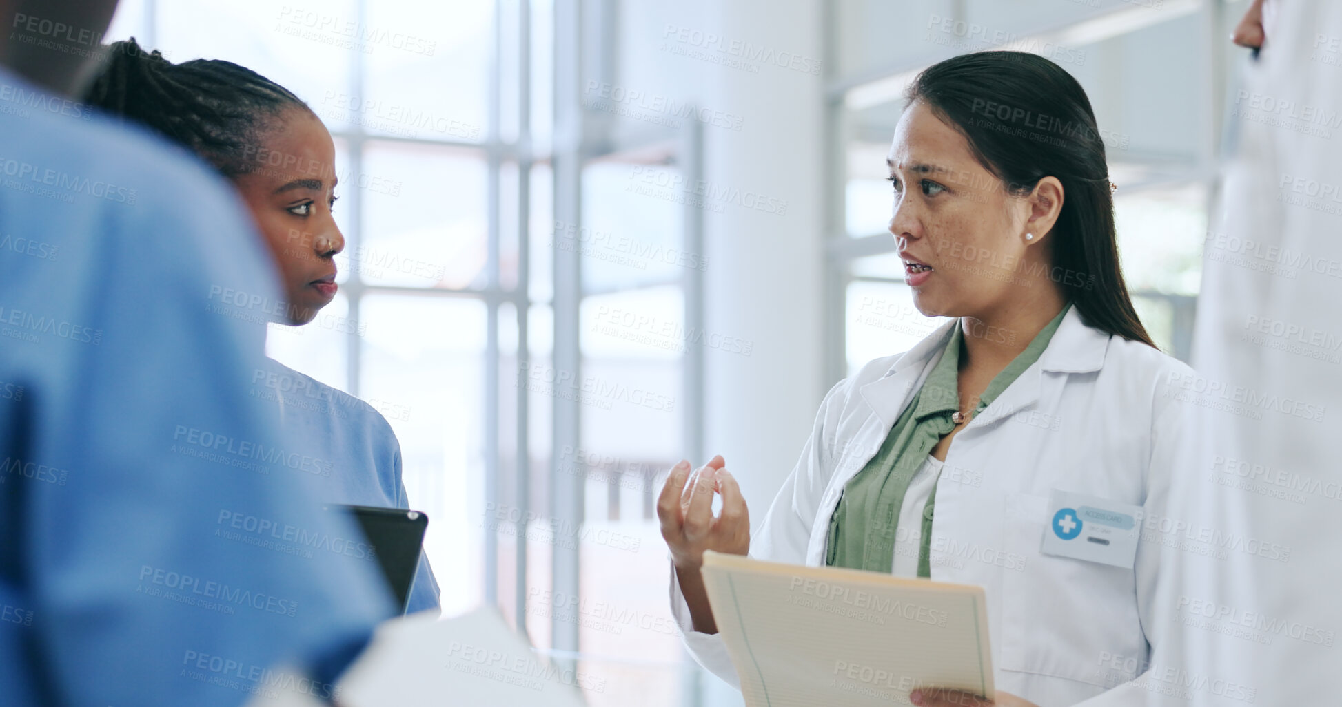 Buy stock photo Healthcare, team and documents for discussion in hospital with collaboration, meeting and patient report. Medical, doctor and nurse in clinic with paperwork, teamwork and communication for planning