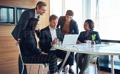 Buy stock photo Meeting, teamwork and business people in discussion in the office with a laptop for accounting planning. Collaboration, technology and group of accountants working on a finance project in workplace.