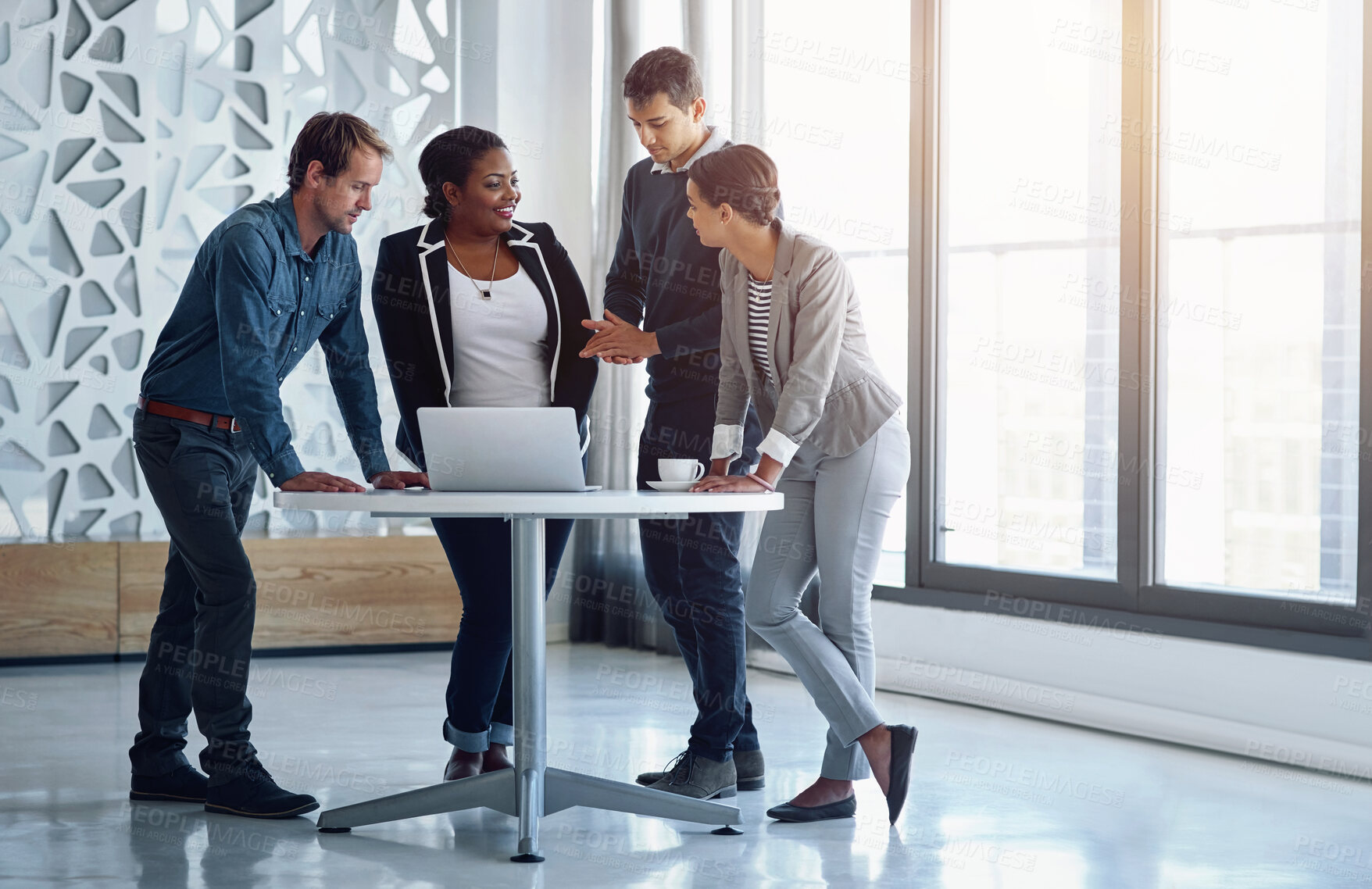 Buy stock photo Collaboration, laptop and business people in the office together for a meeting to discuss strategy. Computer, planning or teamwork with an employee group of men and women in a workplace for research