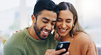 Couple, living room couch and happy with phone, smile and click for contact, meme and notification in home. Man, woman and texting with smartphone, reading and app for social network, video and relax