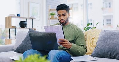 Buy stock photo Laptop, documents and man on sofa for finance planning, internet banking and budget at home. Living room, remote work and person with paperwork, report and computer for insurance, website and payment