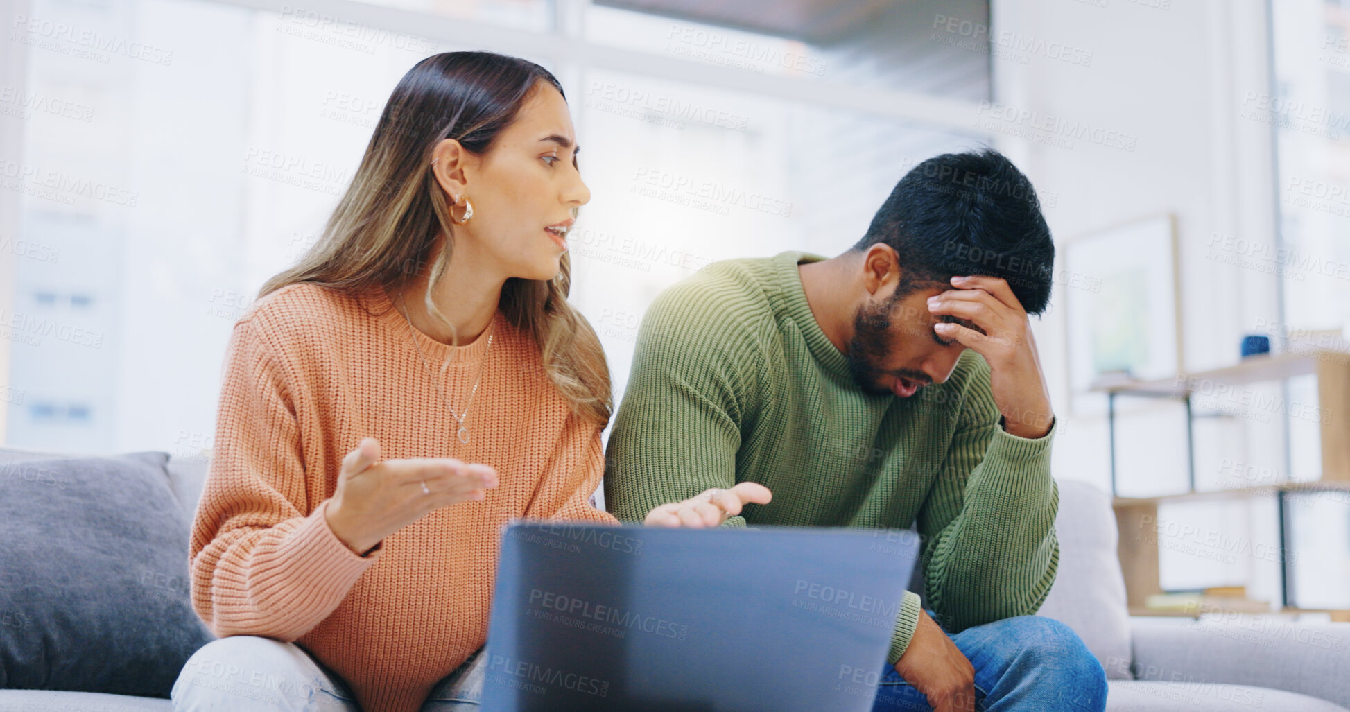 Buy stock photo Couple, laptop and stress in home for debt, poor finance savings or budget of mortgage loan, taxes or rent. Frustrated man, angry woman or anxiety of bankruptcy, financial mistake or inflation crisis