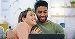 Couple, relax or smile with laptop on sofa to watch movies, subscription show or web download at home. Happy man, interracial woman and computer for online shopping, social media or digital streaming