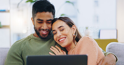 Buy stock photo Couple, laptop and relax on sofa in home living room with smile, hug and watch movie together on web. Man, woman and happy with computer for streaming subscription, show or film with embrace on couch