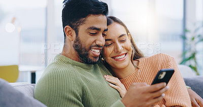 Buy stock photo Couple, phone and smile in living room for social media, reading notification or scroll with online shopping app at home. Happy man, interracial woman and smartphone to search digital news on website