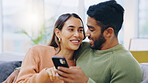 Couple, phone and smile on sofa for social media, reading notification or scroll online shopping app at home. Happy man, interracial woman or smartphone to search digital news, mobile blog or website