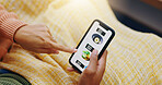 Phone, screen and hands of couple with app for fast food, delivery or choice closeup in their home. Smartphone, screen and people with online shopping, menu or search for brunch, choice or takeaway
