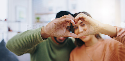 Buy stock photo Heart, hands and couple in home with love, care and support of trust, gratitude and romantic icon. Closeup of man, woman and emoji sign for peace, hope and loyalty of kindness, respect or anniversary