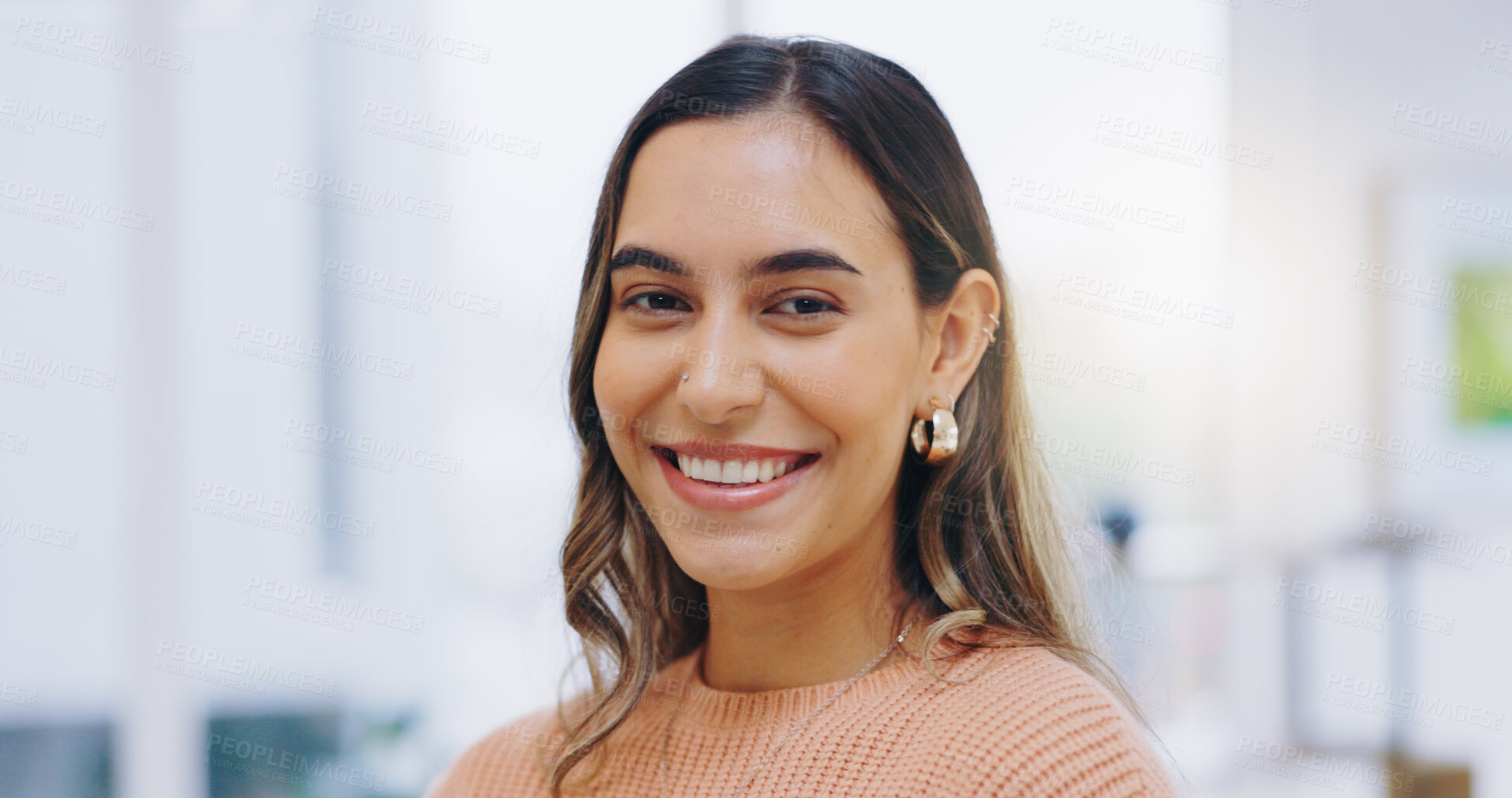 Buy stock photo Portrait, happy or face of woman in home to relax for weekend, good mood or pride in living room in Colombia. Confident girl smile in apartment for resting, comfortable day off or freedom of optimism